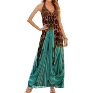 Boston Proper Sz S Beaded Leopard Ombre Teal Goddess Maxi Halter Dress Y2K Vibe